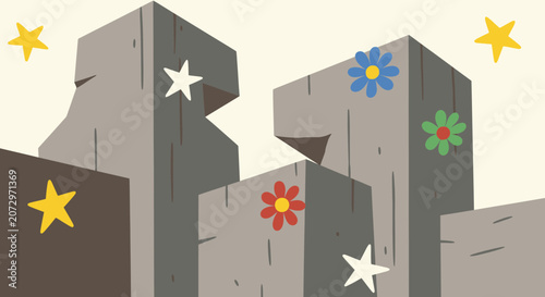 Whimsical Stone Structures with Colorful Flowers and Stars - Whimsical Art