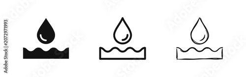 Tableau sur toile Water Drop Icon Set: Droplet Falling into Water Surface in Solid, Outline, and Hand-Drawn Styles