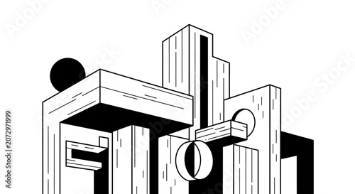 Geometric Abstract Building Shapes - Vector Illustration, Black and White