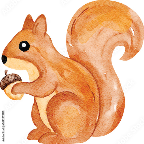 Watercolor Cute Autumn Squirrel Holding an Acorn