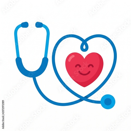 A stethoscope wrapped around a smiling heart symbol
