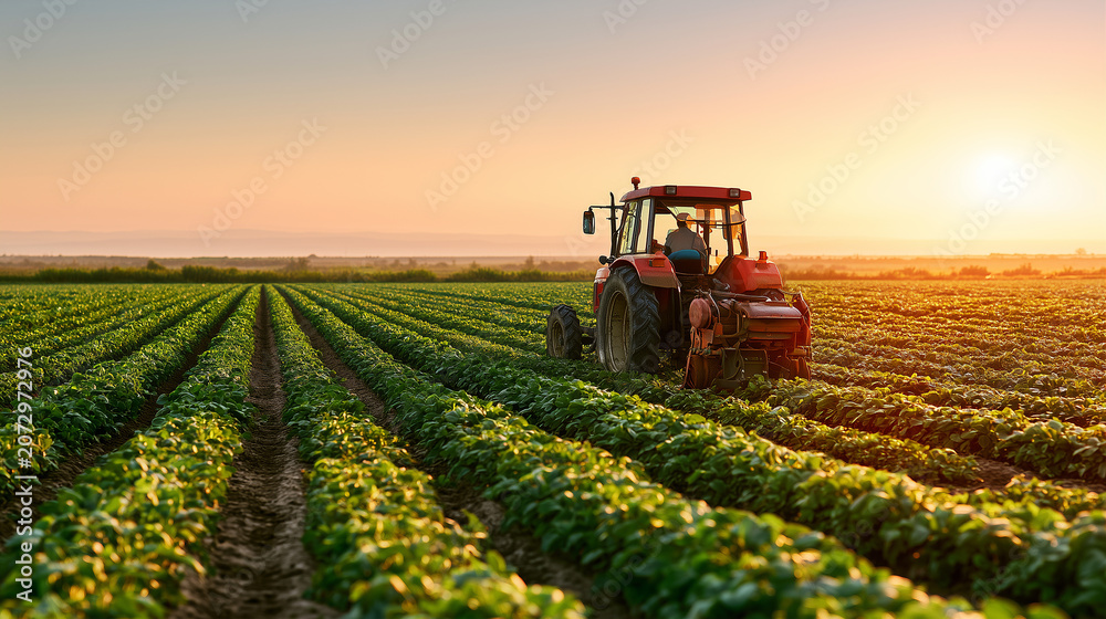 Obraz premium Red tractor working in a green field at sunset with copy space on top