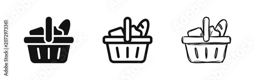 Cuadro en lienzo Shopping basket with groceries icon set, depicting food items for market and retail themes in multiple styles