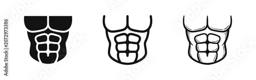 Bild auf Leinwand Abdominal muscles (six-pack) icon set, representing fitness, bodybuilding, and strong physique in varied styles