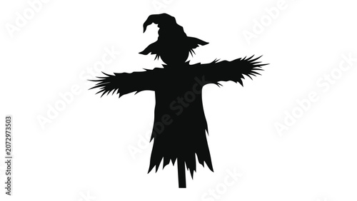 Photos Scarecrow Silhouette: A stark black silhouette of a scarecrow stands as a symbol of autumn harvest and Halloween festivities, its tattered attire and pointed hat casting a mysterious shadow