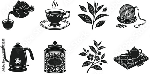 Tableau sur toile Black and white tea culture silhouette icon set featuring teapots cups leaves in