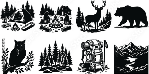 Photography Camping and wilderness adventure black silhouette vector set featuring tent camp
