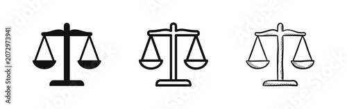 Obraz na płótnie Set of three justice scales icons, law balance symbols in solid, outline, and sk