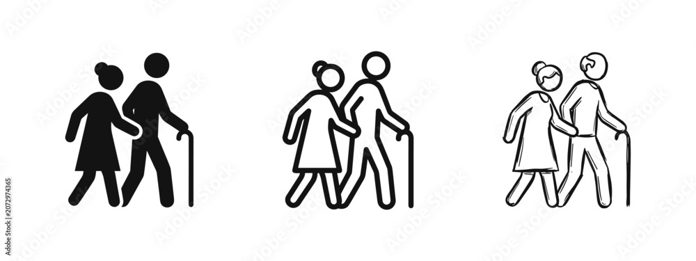 Fototapeta premium Elderly couple walking with cane icon set, seniors, retirement concept, doodle style