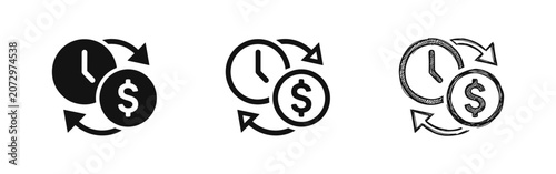 Time and Money Exchange Icon Set in Solid, Line, and Hand Drawn Styles