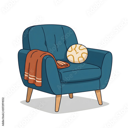 Cozy Blue Accent Armchair With Soft Throw Blanket And Decorative Throw Pillow For Living Room Interior Decor
