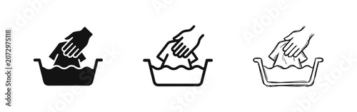 Tableau sur toile Hand washing clothes icons, garment being washed in basin in solid, outline, and
