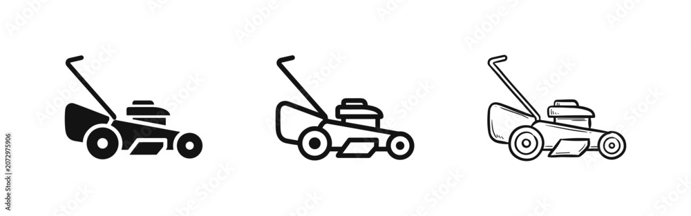 Fototapeta premium Lawn mower icon set, gardening tool and landscaping equipment