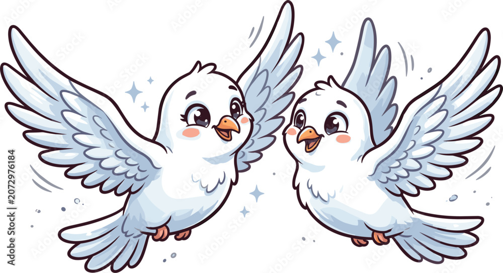 Obraz premium Cute cartoon dove pair illustration, adorable white birds with spread wings, kawaii vector characters isolated on white background artwork