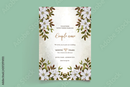 Luxury Beige Floral Wedding Card Template with Watercolor Clematis Illustration