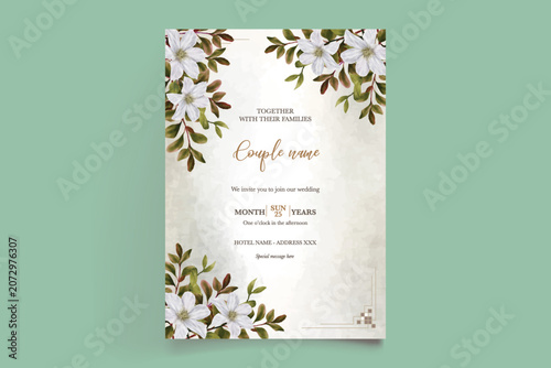 Luxury Beige Floral Wedding Card Template with Watercolor Clematis Illustration