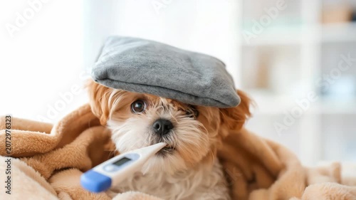 Static close up handheld tilt shot of small dog holding thermometer wrapped in blanket on couch at home in morning