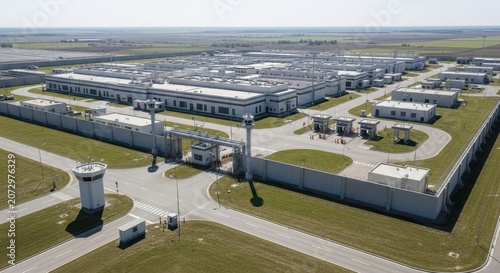Expansive modern industrial infrastructure complex viewed from above on a clear day, showcasing security and scale