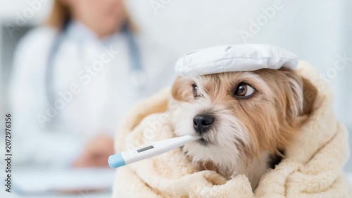 Panning slow motion closeup of small dog wrapped in blanket with thermometer at veterinary clinic examination room