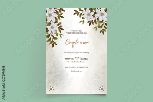 Luxury Beige Floral Wedding Card Template with Watercolor Clematis Illustration