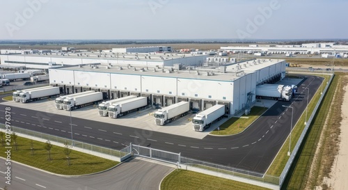Expansive modern industrial warehouse complex featuring multiple loading docks and semi-trailer trucks in daylight