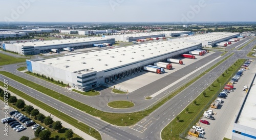 Expansive modern logistics warehouse and distribution center viewed from above, showcasing extensive freight operations and transport infrastructure.