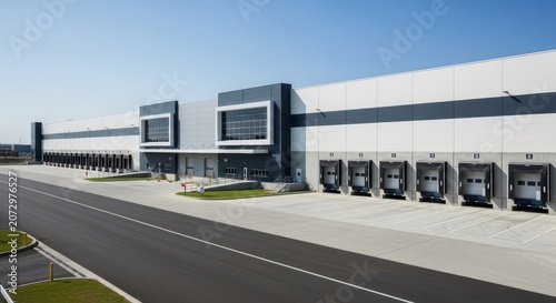 Expansive Modern Logistics Warehouse Facility with Multiple Loading Docks Under Clear Blue Sky
