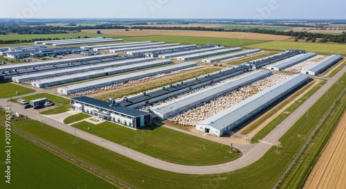 Expansive modern poultry farm complex in rural landscape under clear sky