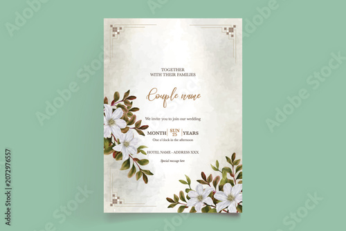Luxury Beige Floral Wedding Card Template with Watercolor Clematis Illustration