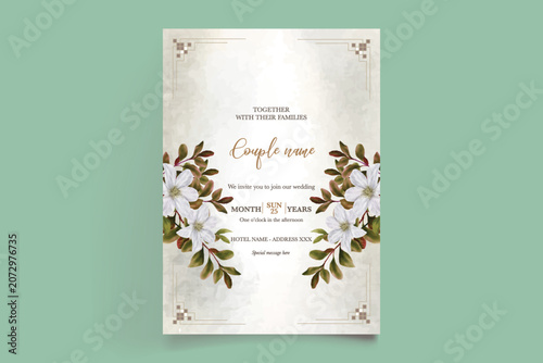Luxury Beige Floral Wedding Card Template with Watercolor Clematis Illustration