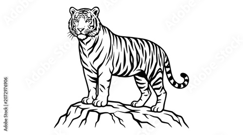 Quadro su tela Majestic Tiger Standing Proudly on Rocky Outcrop - Line Art Illustration