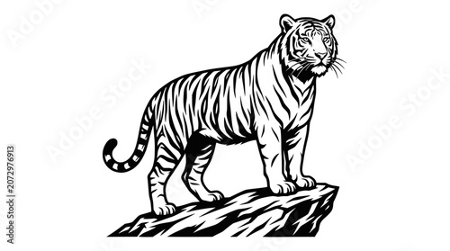 Bild auf Leinwand Majestic Tiger Standing on Rocky Outcrop, Black and White Illustration