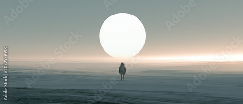 Lone Astronaut Walking Across an Endless Snowfield Toward a Distant Eclipse
