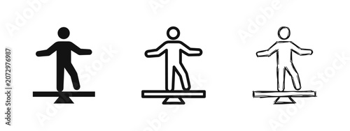 Bild auf Leinwand Person balancing on seesaw icon set, equilibrium and stability symbols in three