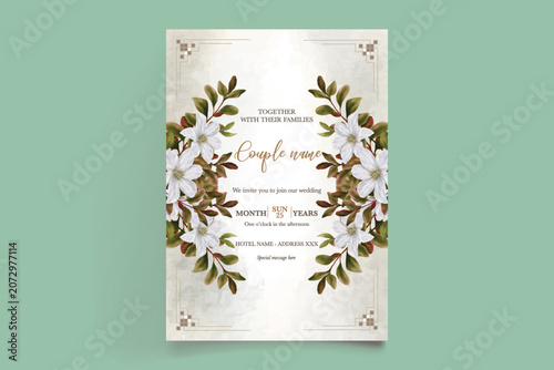 Luxury Beige Floral Wedding Card Template with Watercolor Clematis Illustration