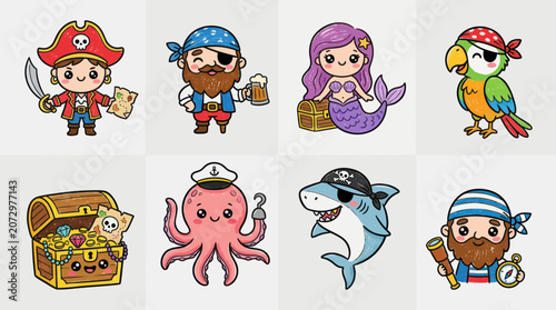 Fotografija Cartoon pirate and ocean character collection