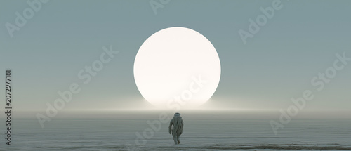 Lone Astronaut Walking Across an Endless Snowfield Toward a Distant Eclipse