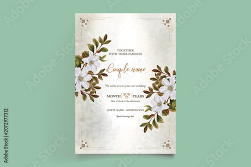 Luxury Beige Floral Wedding Card Template with Watercolor Clematis Illustration