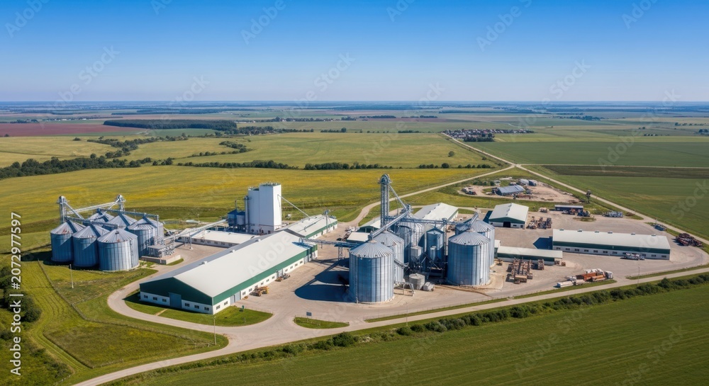 Fototapeta premium Modern agricultural processing facility with grain silos and storage buildings in a vast rural landscape under a clear blue sky.