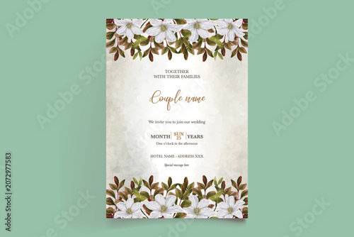 Luxury Beige Floral Wedding Card Template with Watercolor Clematis Illustration
