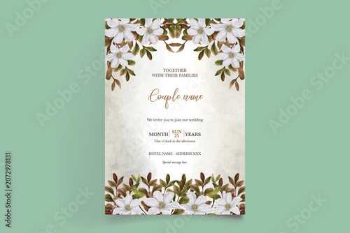 Luxury Beige Floral Wedding Card Template with Watercolor Clematis Illustration
