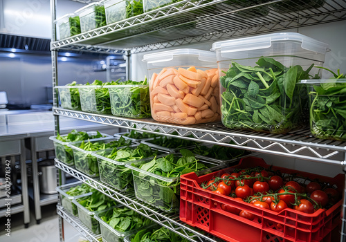 Fresh vegetables and green leafy produce stored on industrial metal wire shelves in a commercial kitchen pantry storage area