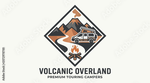 A camper drives through a scenic mountain landscape with a campfire burning
