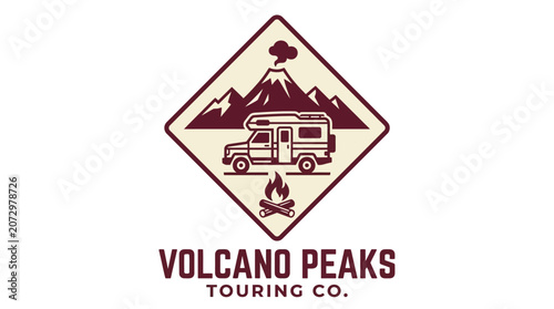 Volcano Peaks Touring Co features a vintage travel trailer parked near a volcano mountain with smoke.
