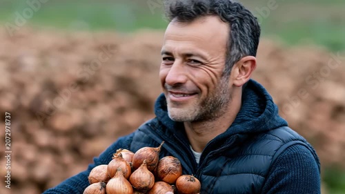 Static shot of farmer holding onions smiling and turning head in rural field during daytime autumn harvest