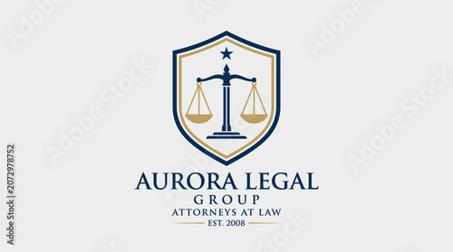 A professional logo of a law firm features a shield with a scale and star above, signifying justice and integrity in a business setting with legal documents.