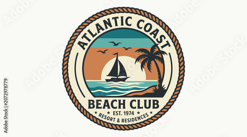 A serene beach scene at sunset with a sailboat palm tree logo