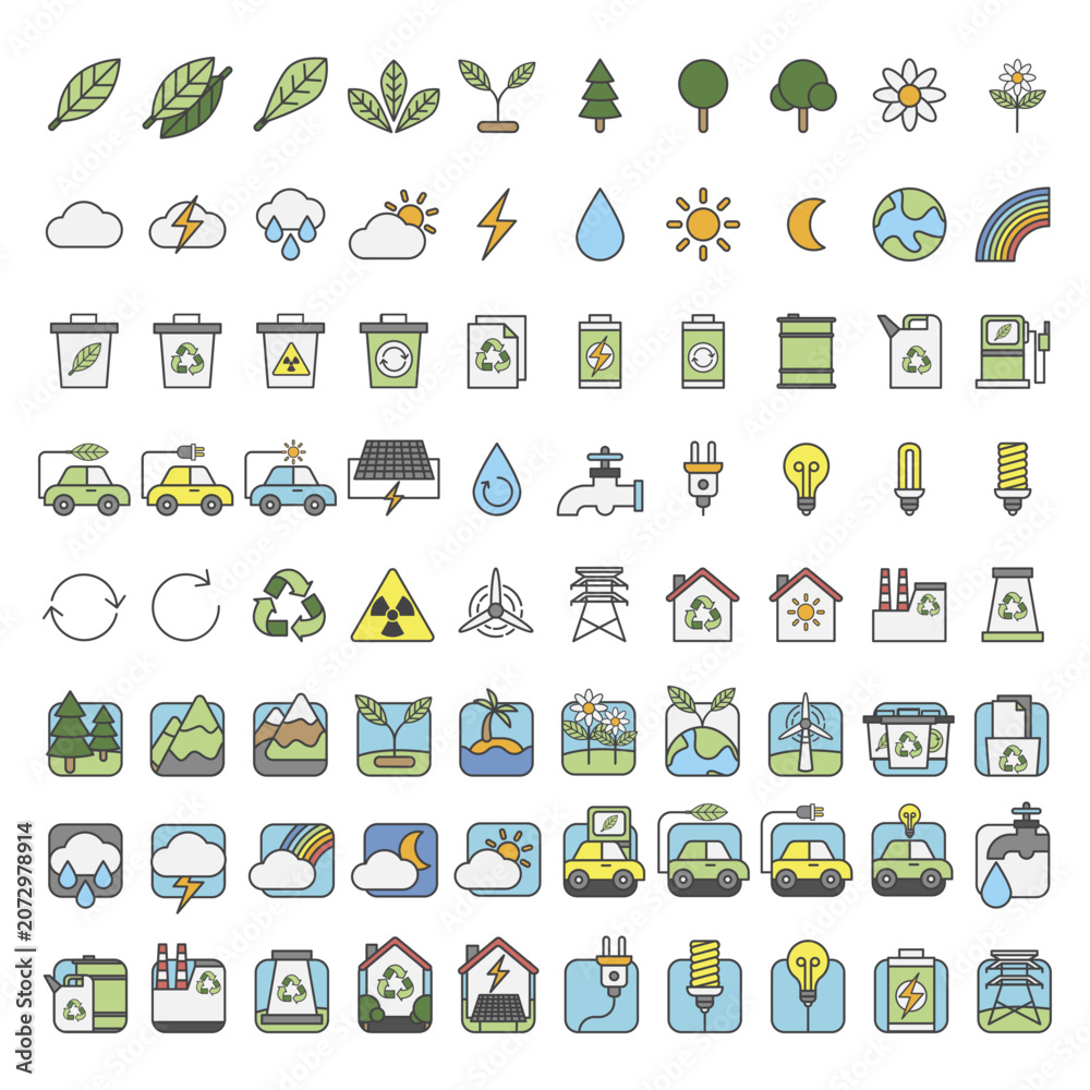 Naklejka premium Ecology and renewable energy icons set, sustainable environment vector symbols, 80 green technology and nature line icons for infographics