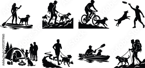 Black silhouettes vector set of people and dogs enjoying outdoor recreation camping hiking kayaking and active sports together