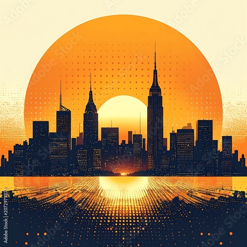 Iconic city skyline silhouette against a radiant setting sun, with a vibrant, digitally rendered reflection creating a shimmering tapestry of pixelated light and urban energy